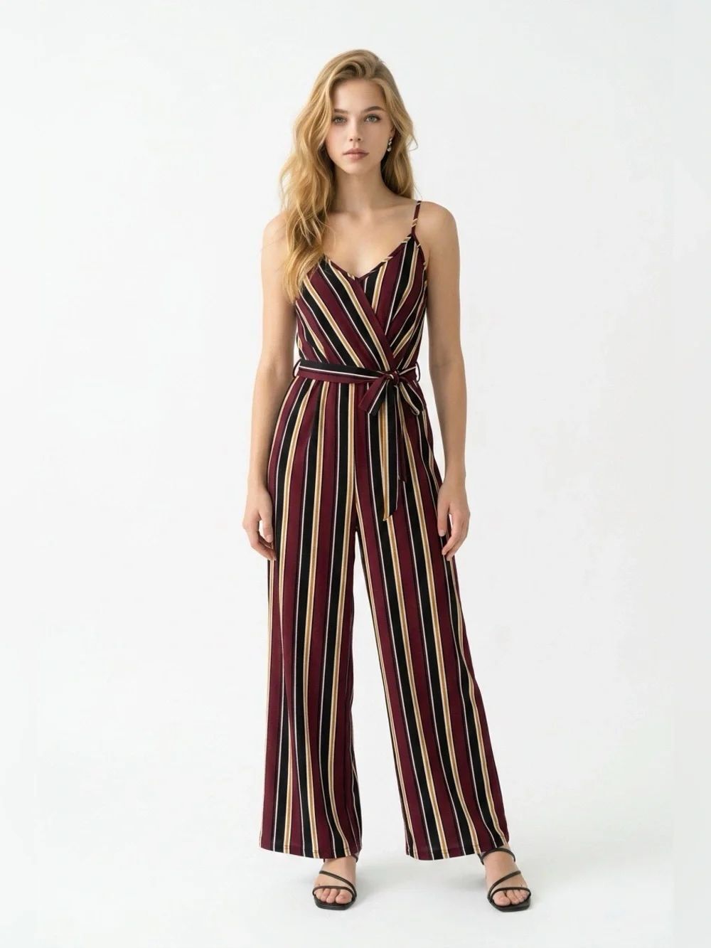 Caution To The Wind Burgundy Striped Wrap Jumpsuit